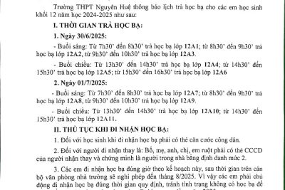 Kế hoạch trả học bạ cho HS khối 12 tốt nghiệp năm 2024-2025