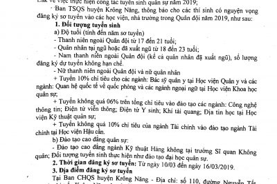 Thông báo về việc tuyển sinh vào các trường, học viện Quân đội năm 2019