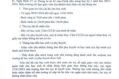 Thông báo: chi trả tiền hỗ trợ cho các em HS thuộc diện chế độ chính sách năm học 2023